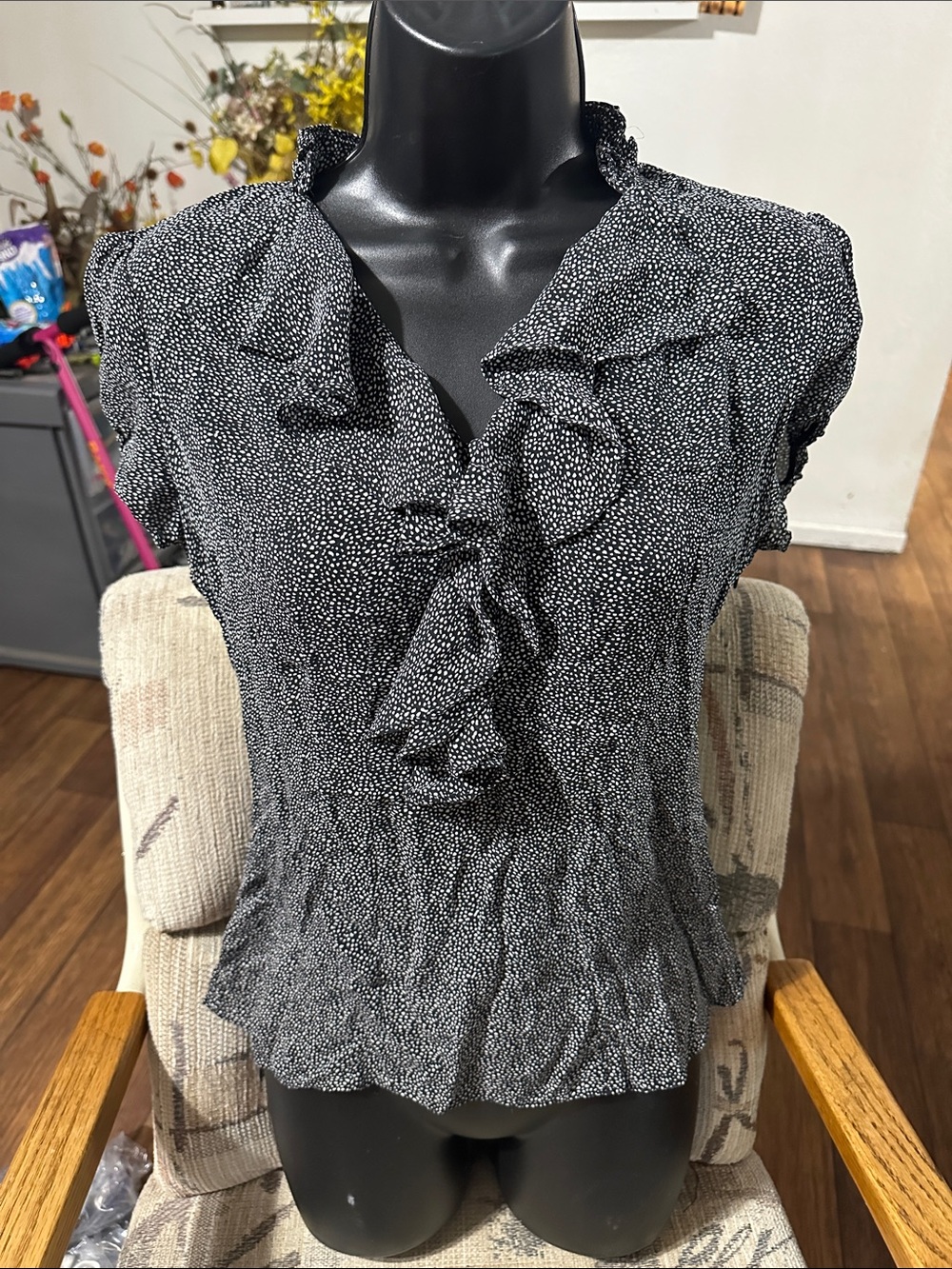 White House Black Market Black and White Ruffle Front Blouse